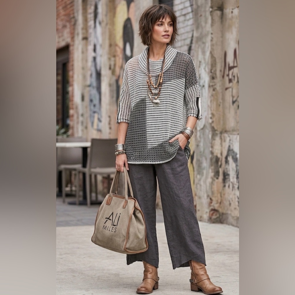 Ali Miles Black and White Grid Cowl Neck Tunic mesh 1x formal art to wear